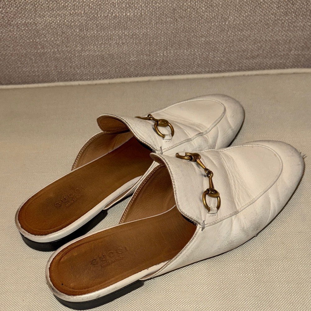GUCCI  White Leather Loafers Mules
